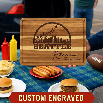 Personalized Seattle Baseball Cutting Board: Acacia Wood, Sports Fan Gift