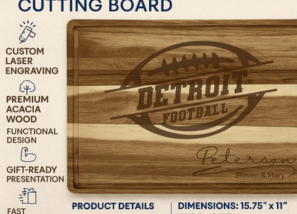 “Personalized Detroit football cutting board made from premium acacia wood, engraved with a football logo and the name ‘Peterson – Steven & Mary.’ Displayed on a kitchen counter with olive oil, utensils, and a cloth. Text above reads ‘Custom Cutting Board – Premium Acacia Wood’ and below, ‘Personalize with Your Name.’”