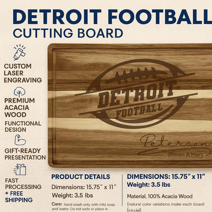 “Personalized Detroit football cutting board made from premium acacia wood, engraved with a football logo and the name ‘Peterson – Steven & Mary.’ Displayed on a kitchen counter with olive oil, utensils, and a cloth. Text above reads ‘Custom Cutting Board – Premium Acacia Wood’ and below, ‘Personalize with Your Name.’”