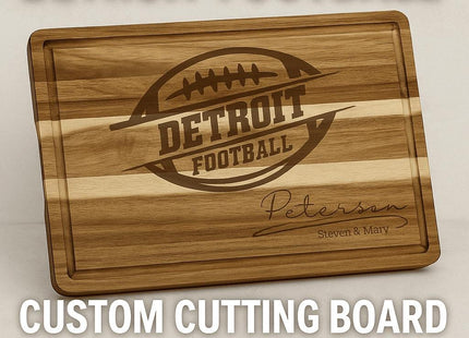 “Personalized Detroit football cutting board made from striped acacia wood, engraved with a football logo and the family name ‘Peterson – Steven & Mary.’ Text on image reads ‘Detroit Football,’ ‘Custom Cutting Board,’ ‘Add Your Personalization,’ and ‘Fast Shipping.’ Rustic background emphasizes handcrafted quality and gift appeal.”
