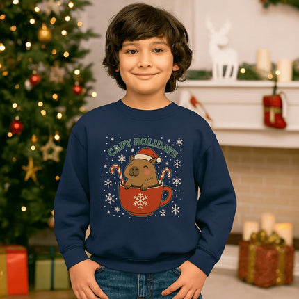 Capy Holidays Youth Sweatshirt, Cute Capybara Christmas Sweater for Kids, Funny Animal Holiday Pullover, Festive Winter Gift, Multiple Color