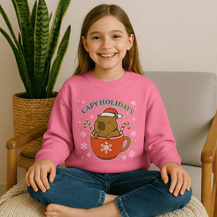 Capy Holidays Youth Sweatshirt, Cute Capybara Christmas Sweater for Kids, Funny Animal Holiday Pullover, Festive Winter Gift, Multiple Color