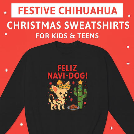 Alt text: Black kids’ and teens’ Christmas sweatshirt featuring a festive “Feliz Navi-Dog!” design with a cheerful Chihuahua wearing a sombrero and holiday scarf beside a cactus decorated like a Christmas tree with a star on top and a plate of cookies nearby. The background is bright red with white stars, and text above reads “FESTIVE CHIHUAHUA CHRISTMAS SWEATSHIRTS FOR KIDS & TEENS.”