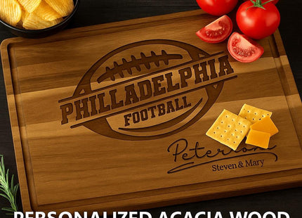 Philadelphia Football Cutting Board – Personalized Acacia Wood Gift | Custom Engraved Charcuterie Board | Tailgate & Game Day Gift