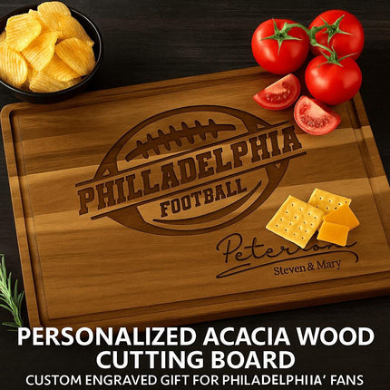 Philadelphia Football Cutting Board – Personalized Acacia Wood Gift | Custom Engraved Charcuterie Board | Tailgate & Game Day Gift