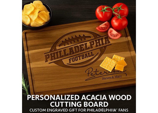 Philadelphia Football Cutting Board – Personalized Acacia Wood Gift | Custom Engraved Charcuterie Board | Tailgate & Game Day Gift