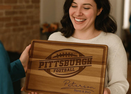 Smiling woman receives a personalized acacia wood cutting board engraved with “Pittsburgh Football” and “Peterson – Steven & Mary.” The board features a football design and engraved text, presented as a thoughtful gift in a cozy home setting with warm lighting and a brick wall in the background.