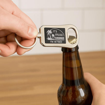 Engraved Retirement Bottle Opener Keychain: "It's 5 O'clock Somewhere"