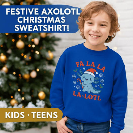 Kids Christmas Axolotl Sweatshirt | Cute Holiday Crewneck | Blue or Pink Axolotl Sweater | Unisex Youth Christmas Gift | Fa La La La-Lotl