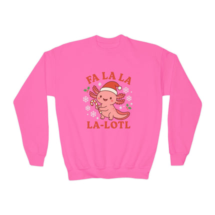 Kids Christmas Axolotl Sweatshirt | Cute Holiday Crewneck | Blue or Pink Axolotl Sweater | Unisex Youth Christmas Gift | Fa La La La-Lotl