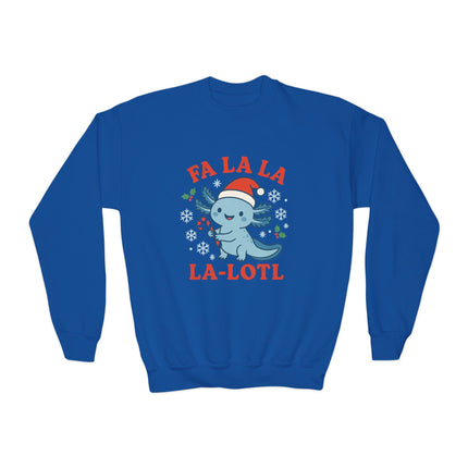 Kids Christmas Axolotl Sweatshirt | Cute Holiday Crewneck | Blue or Pink Axolotl Sweater | Unisex Youth Christmas Gift | Fa La La La-Lotl