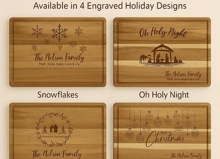 “Shop the Collection” display featuring four engraved acacia cutting boards in holiday designs: a snowflake design with family name, an “Oh Holy Night” nativity scene, a “Home for the Holidays” wreath with house motif, and a hanging “Christmas Ornaments” design, each personalized with family names.