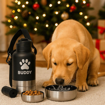 Personalized Dog Travel Water Bottle 3-in-1 | Custom Pet Name Bottle with Bowl & Treat Storage | Hiking Dog Water Bottle | Pet Travel Gift