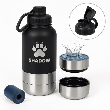 Personalized Dog Travel Water Bottle 3-in-1 | Custom Pet Name Bottle with Bowl & Treat Storage | Hiking Dog Water Bottle | Pet Travel Gift