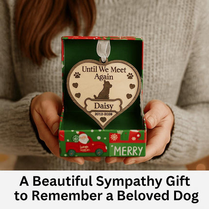 A woman holds an open festive gift box containing a personalized wooden dog memorial ornament engraved with “Until We Meet Again,” featuring a dog silhouette, paw prints, hearts, and the name “Daisy” with dates “2012–2028.” The box has a red and green Christmas design, and text below reads “A Beautiful Sympathy Gift to Remember a Beloved Dog.”