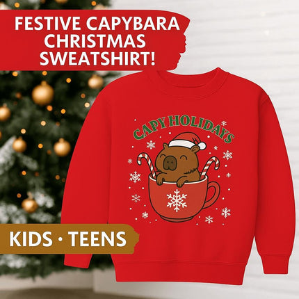 Capy Holidays Youth Sweatshirt, Cute Capybara Christmas Sweater for Kids, Funny Animal Holiday Pullover, Festive Winter Gift, Multiple Color