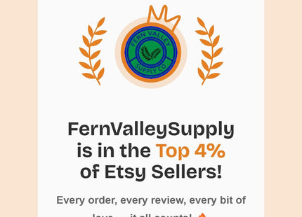 “eRank achievement graphic showing Fern Valley Supply Co. badge with crown and laurel leaves. Text reads: ‘FernValleySupply is in the Top 4% of Etsy Sellers! Every order, every review, every bit of love — it all counts!’ on a light peach background with decorative accents.”