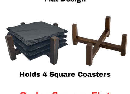 &quot;Two views of a dark walnut wood coaster holder in a flat design — shown empty on the right and holding four stacked square slate coasters on the left. Text reads: &#39;Dark Walnut Wood Coaster Holder Flat Design – Holds 4 Square Coasters – Order Square Flat&#39; (with the last line in red).&quot;
