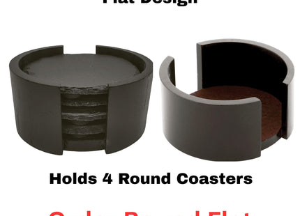 “Dark walnut wood coaster holder in flat design, shown empty and filled with round slate coasters. Text on image reads ‘Dark Walnut Wood Coaster Holder – Flat Design,’ ‘Holds 4 Round Coasters,’ and ‘Order Round Flat.’ The compact wooden holder features a smooth dark finish and low-profile style for neat coaster storage.”