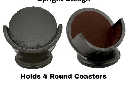 &quot;Two views of a dark walnut wood coaster holder in an upright design — shown empty on the right and holding four round slate coasters on the left. Text reads: &#39;Dark Walnut Wood Coaster Holder Upright Design – Holds 4 Round Coasters – Order Round Upright&#39; (with the last line in red).&quot;