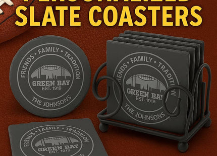 &quot;Personalized slate coasters featuring a Green Bay football design with the text &#39;Friends • Family • Tradition,&#39; &#39;Green Bay Est. 1919,&#39; and &#39;The Johnsons.&#39; Shown in both round and square shapes with a black metal holder on a textured brown background resembling a football surface.&quot;