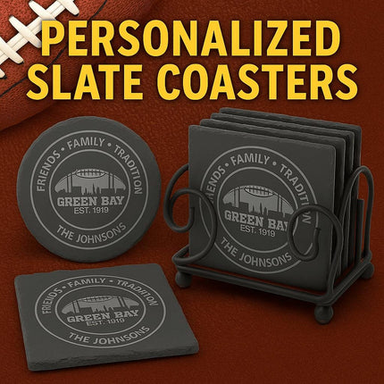 "Personalized slate coasters featuring a Green Bay football design with the text 'Friends • Family • Tradition,' 'Green Bay Est. 1919,' and 'The Johnsons.' Shown in both round and square shapes with a black metal holder on a textured brown background resembling a football surface."