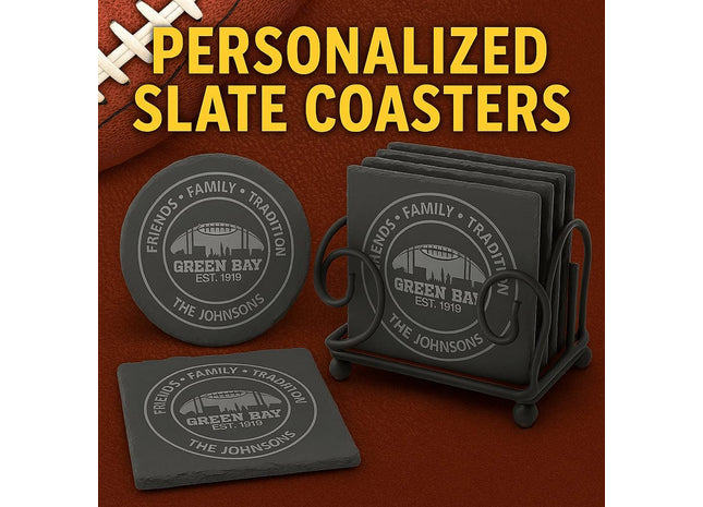 &quot;Personalized slate coasters featuring a Green Bay football design with the text &#39;Friends • Family • Tradition,&#39; &#39;Green Bay Est. 1919,&#39; and &#39;The Johnsons.&#39; Shown in both round and square shapes with a black metal holder on a textured brown background resembling a football surface.&quot;