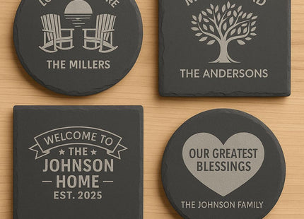 “Set of four personalized slate coasters displayed on a light wood background. Designs include ‘Love Lives Here – The Millers’ with rocking chairs and sunset, ‘Mom & Dad – The Andersons’ with a family tree, ‘Welcome to The Johnson Home – Est. 2025,’ and ‘Our Greatest Blessings – The Johnson Family’ with a heart. Text at the bottom reads ‘Personalized with Your Family Name.’”