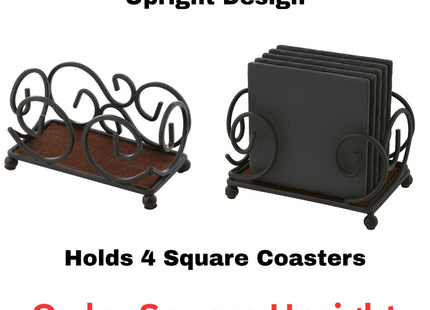 “Black iron coaster holder in upright design with decorative swirl pattern, shown empty and filled with four square slate coasters. Text on image reads ‘Black Iron Coaster Holder – Upright Design,’ ‘Holds 4 Square Coasters,’ and ‘Order Square Upright.’ The holder features a flat base and curved metal sides for elegant storage.”