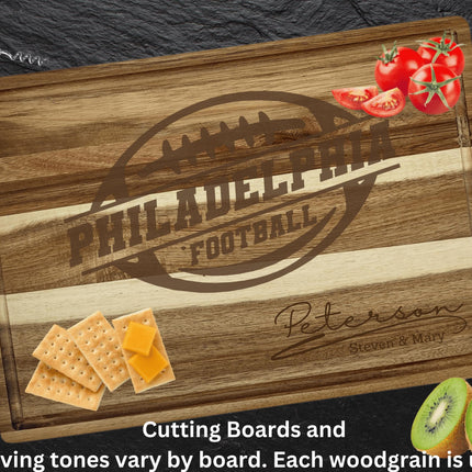 Philadelphia Football Cutting Board – Personalized Acacia Wood Gift | Custom Engraved Charcuterie Board | Tailgate & Game Day Gift
