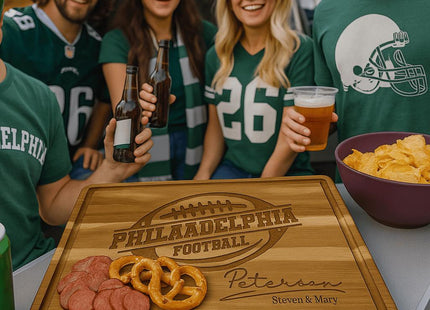 Philadelphia Football Cutting Board – Personalized Acacia Wood Gift | Custom Engraved Charcuterie Board | Tailgate & Game Day Gift
