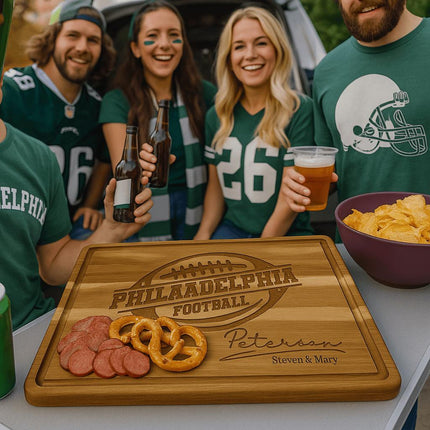 Philadelphia Football Cutting Board – Personalized Acacia Wood Gift | Custom Engraved Charcuterie Board | Tailgate & Game Day Gift