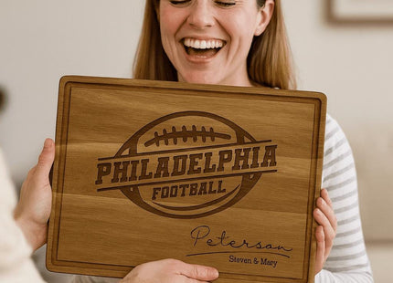 Philadelphia Football Cutting Board – Personalized Acacia Wood Gift | Custom Engraved Charcuterie Board | Tailgate & Game Day Gift