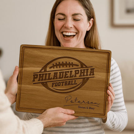 Philadelphia Football Cutting Board – Personalized Acacia Wood Gift | Custom Engraved Charcuterie Board | Tailgate & Game Day Gift