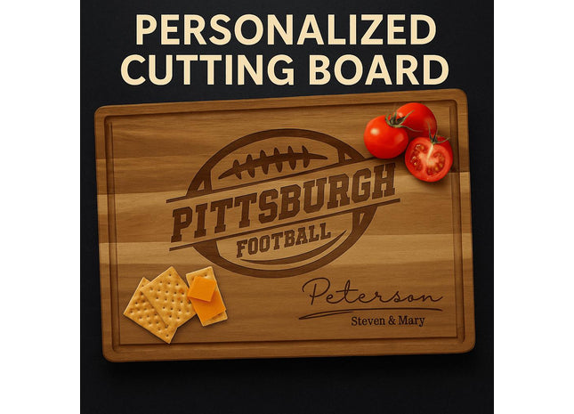 Personalized acacia wood cutting board engraved with a football design and the text “Pittsburgh Football.” Below, it features the family name “Peterson” in elegant script with “Steven & Mary” engraved underneath. The board has a juice groove around the edge and is styled with sliced tomatoes and cheese crackers for a warm, rustic presentation.