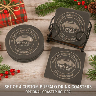 &quot;Festive holiday scene featuring a set of four personalized Buffalo-themed slate drink coasters, available in round and square shapes. Each coaster is engraved with the text &#39;Friends • Family • Tradition,&#39; &#39;Buffalo Est. 1960,&#39; and &#39;The Johnsons.&#39; The set is displayed with an optional black iron coaster holder, surrounded by pine branches, red berries, and a red plaid napkin on a rustic wooden surface. Text overlay reads: &#39;Set of 4 Custom Buffalo Drink Coasters –