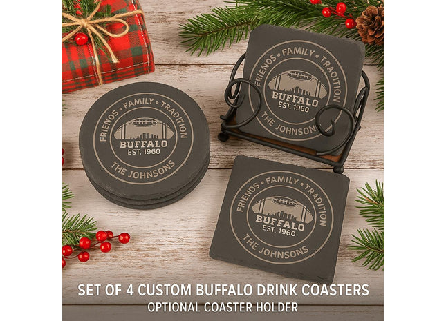 &quot;Festive holiday scene featuring a set of four personalized Buffalo-themed slate drink coasters, available in round and square shapes. Each coaster is engraved with the text &#39;Friends • Family • Tradition,&#39; &#39;Buffalo Est. 1960,&#39; and &#39;The Johnsons.&#39; The set is displayed with an optional black iron coaster holder, surrounded by pine branches, red berries, and a red plaid napkin on a rustic wooden surface. Text overlay reads: &#39;Set of 4 Custom Buffalo Drink Coasters –
