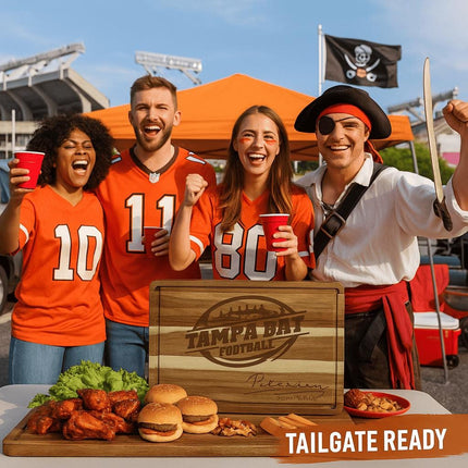 Four excited Tampa Bay football fans in orange jerseys cheer at a tailgate outside the stadium, standing behind a personalized acacia cutting board engraved with “Tampa Bay Football” and the name “Peterson – Steven & Mary.” A fan dressed as a swashbuckling pirate holds a sword, and food including wings, sliders, cheese, and lettuce is displayed on the board. A pirate flag waves in the background with the words “TAILGATE READY” at the bottom of the image.