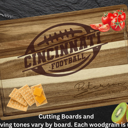 Cincinnati Football Acacia Cutting Board – Laser Engraved Personalized Wood Board, 15.75" x 11"
