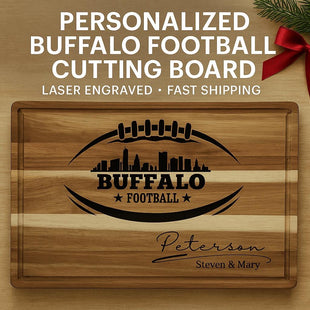 &quot;Personalized Buffalo football cutting board made of acacia wood, laser engraved with a football design and Buffalo city skyline. Includes customizable family name text at the bottom, shown with &#39;Peterson – Steven & Mary.&#39; Text above reads ‘Personalized Buffalo Football Cutting Board – Laser Engraved – Fast Shipping,’ decorated with pine greenery and a red ribbon bow.&quot;