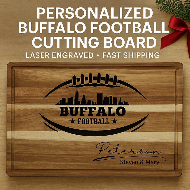 "Personalized Buffalo football cutting board made of acacia wood, laser engraved with a football design and Buffalo city skyline. Includes customizable family name text at the bottom, shown with 'Peterson – Steven & Mary.' Text above reads ‘Personalized Buffalo Football Cutting Board – Laser Engraved – Fast Shipping,’ decorated with pine greenery and a red ribbon bow."