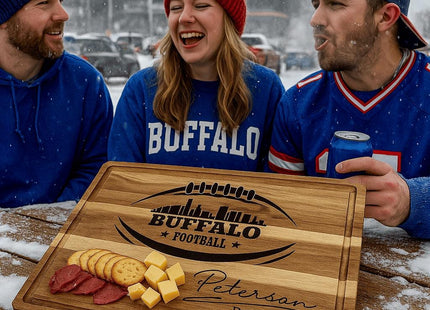 &quot;Three Buffalo football fans dressed in team colors enjoying a snowy tailgate outside the stadium. In front of them on a picnic table is a personalized acacia cutting board engraved with a football design and &#39;Buffalo Football&#39; logo, customized with the name &#39;Peterson.&#39; The board displays sliced sausage, cheese cubes, and crackers, highlighting its use as a game-day serving board.&quot;