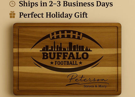 &quot;Buffalo football personalized cutting board with engraved football and city skyline design, customized with the family name &#39;Peterson.&#39; Text above highlights key selling points: &#39;Over 2,000 Happy Customers,&#39; &#39;Ships in 2–3 Business Days,&#39; and &#39;Perfect Holiday Gift.&#39; Caption below reads &#39;Loved by Football Fans Nationwide&#39; on a tan background.&quot;