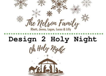 Side-by-side preview of two engraved cutting board design options. Design 1, “Snowflakes,” features various snowflake graphics above a personalized family name and children’s names. Design 2, “Holy Night,” shows a nativity scene with the text “Oh Holy Night” above it and a personalized family name and children’s names below.