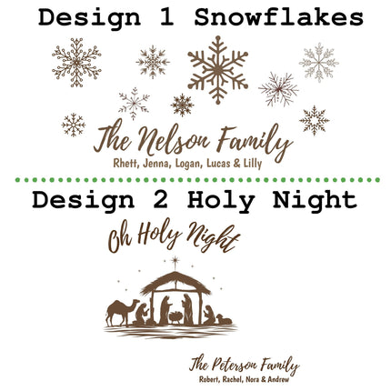 Side-by-side preview of two engraved cutting board design options. Design 1, “Snowflakes,” features various snowflake graphics above a personalized family name and children’s names. Design 2, “Holy Night,” shows a nativity scene with the text “Oh Holy Night” above it and a personalized family name and children’s names below.