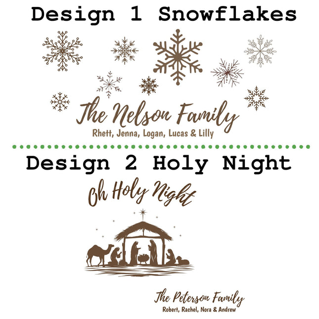 Side-by-side preview of two engraved cutting board design options. Design 1, “Snowflakes,” features various snowflake graphics above a personalized family name and children’s names. Design 2, “Holy Night,” shows a nativity scene with the text “Oh Holy Night” above it and a personalized family name and children’s names below.
