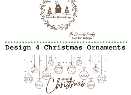 Side-by-side preview of two engraved cutting board personalization options. Design 3, “Home for the Holidays,” features a cozy house and pine trees inside a wreath, with customizable family name and children’s names beneath. Design 4, “Christmas Ornaments,” shows hanging ornaments above the phrase “Merry Christmas,” with personalized family name and children’s names below.