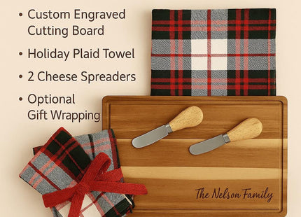 Alt text: “What’s Included” holiday gift set display featuring a custom engraved acacia cutting board with “The Nelson Family” engraving, a folded red and black plaid holiday towel, two wooden-handle cheese spreaders, and an optional gift-wrapped plaid towel tied with a red ribbon. Text on the left lists the items in the set.