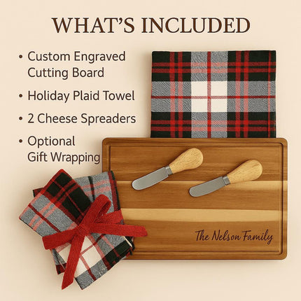 Alt text: “What’s Included” holiday gift set display featuring a custom engraved acacia cutting board with “The Nelson Family” engraving, a folded red and black plaid holiday towel, two wooden-handle cheese spreaders, and an optional gift-wrapped plaid towel tied with a red ribbon. Text on the left lists the items in the set.