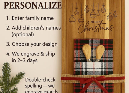 “How to Personalize” graphic showing a custom engraved acacia cutting board with a plaid towel and cheese spreaders. Text explains steps to personalize: enter family name, optionally add children’s names, choose a design, and engraving ships in 2–3 days, with a reminder to double-check spelling.